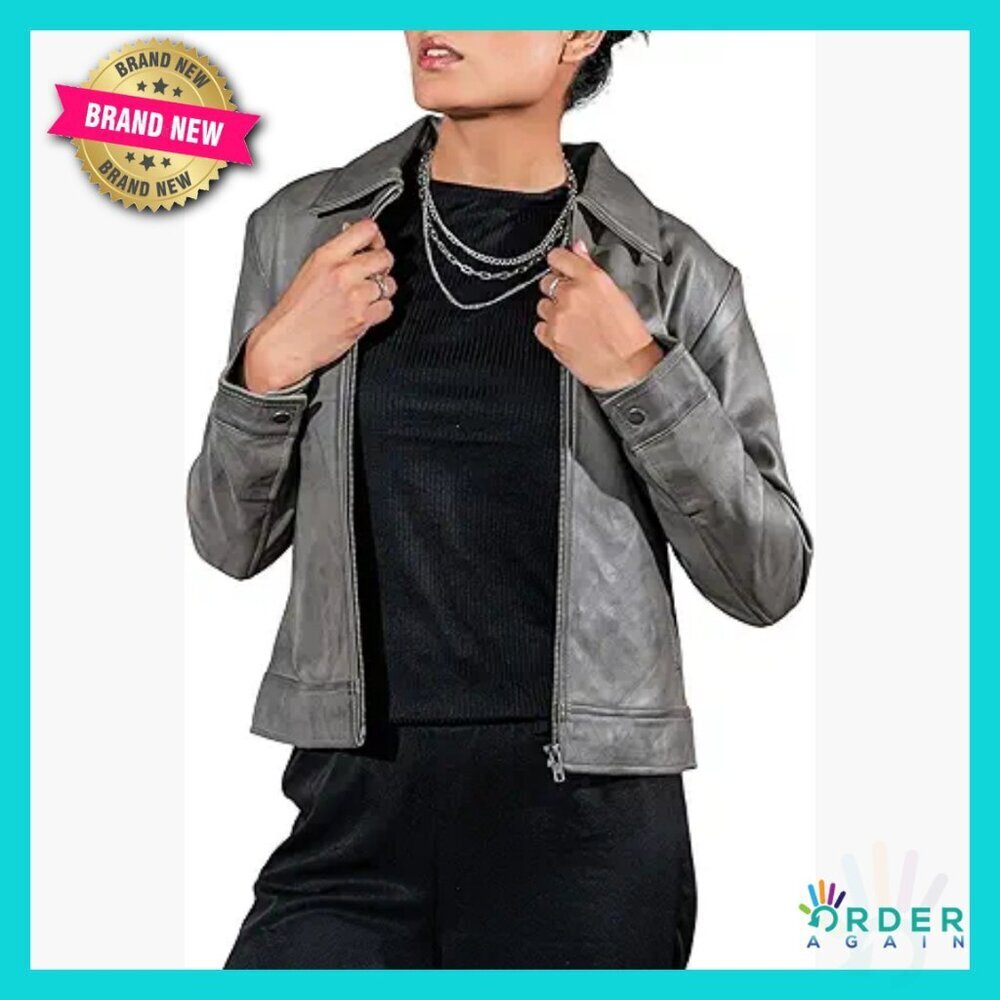 Grey Lambskin Leather Jacket Polo Collar Classic Retro Chic Everyday Wear